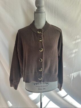 Quince Brown Button-Front Knit Cropped Cardigan